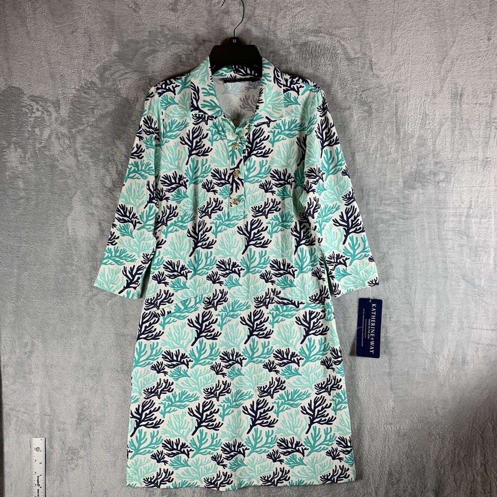 Katherine Way Women's Dress Polo 3/4‎ Sleeve Blue Coral Buttons Stretch Nautical